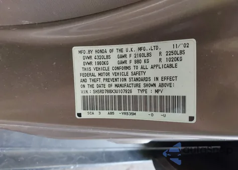 2003 Honda Cr-V Ex z USA, uszkodzony, nr VIN SHSRD788X3U107926